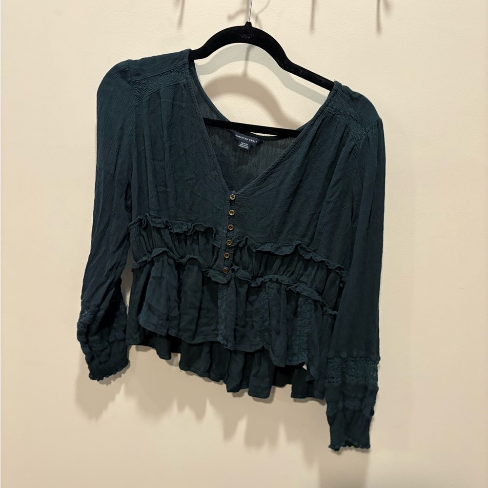 American Eagle Outfitters Deep Teal Ruffled Button-Front Top